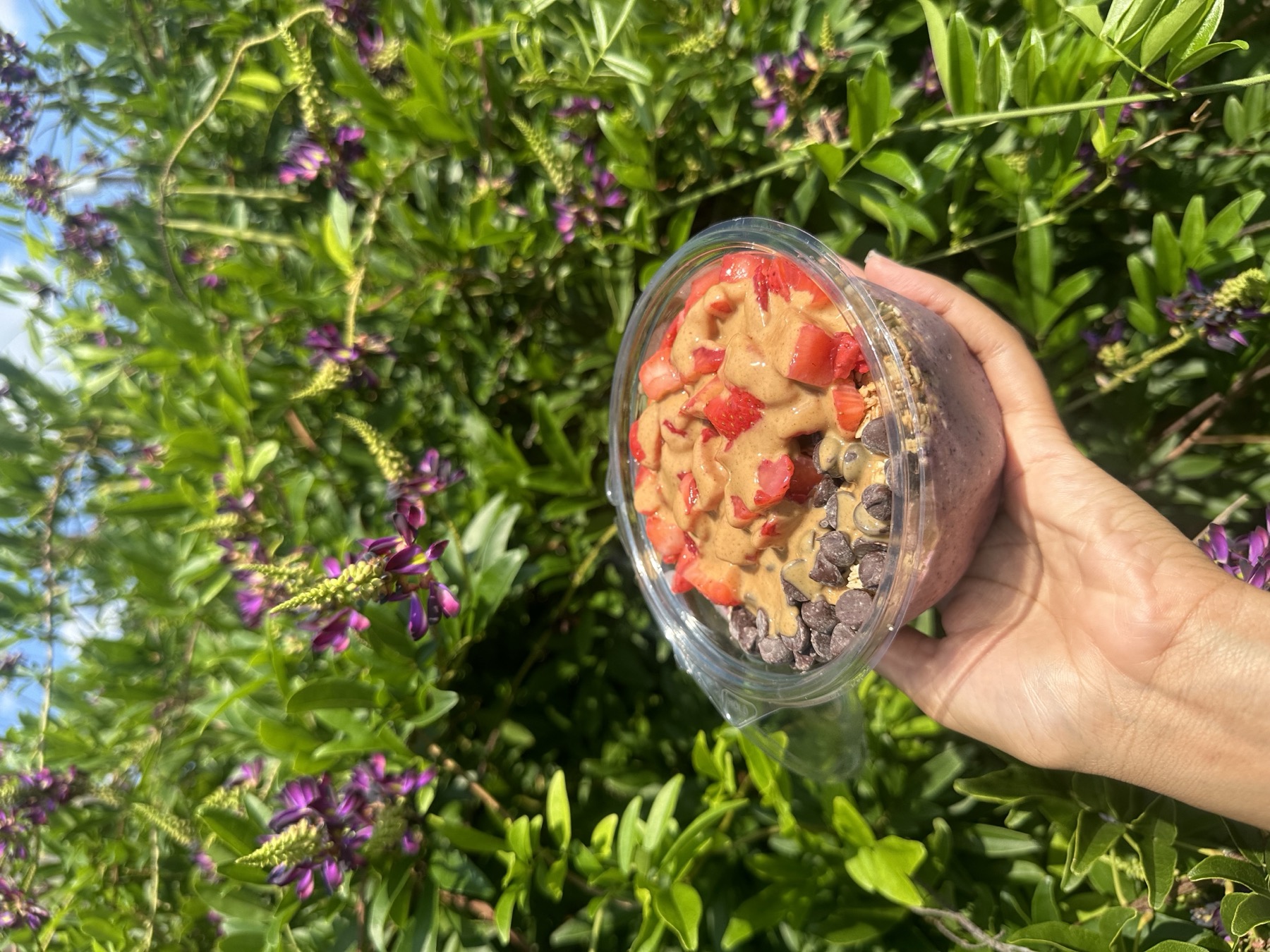 Acai smoothie bowl held up against greenery and wildflowers